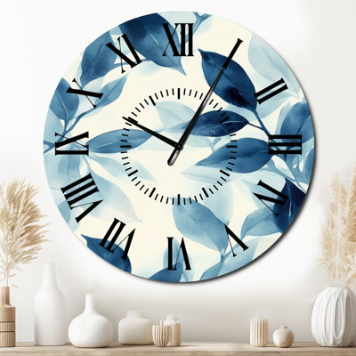 Blue Leaves Botanical Wash - Cream Modern Round Metal Wall Clock