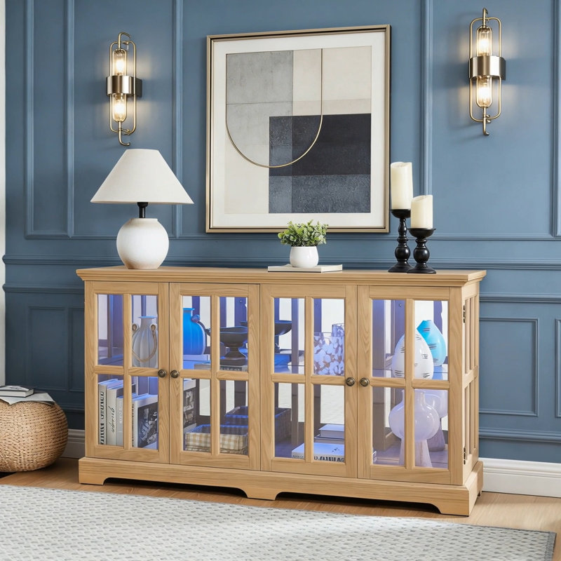 LED Curio Display Cabinet Antique Display Cabinet With Glass Doors Adjustable Shelves For Collectibles Four Door Design Vintage Showcase For Home Or Office Antique Display Case CHERRY