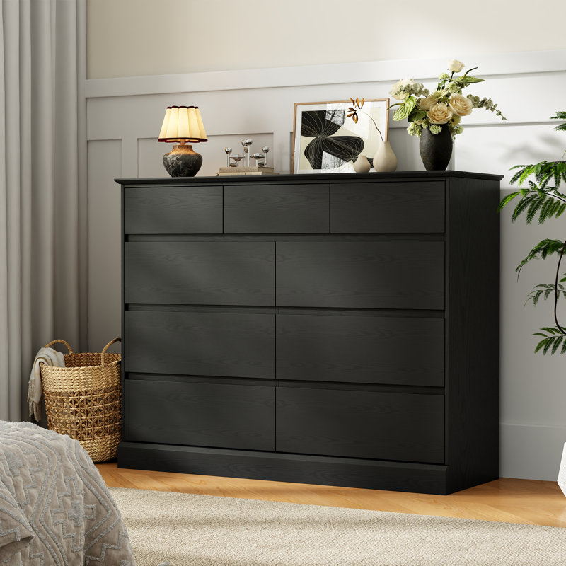 Commode double 9 tiroirs, commode de 47,2 po Dornisha, commode de chambre à coucher moderne pour garde-robe et salon, Noir