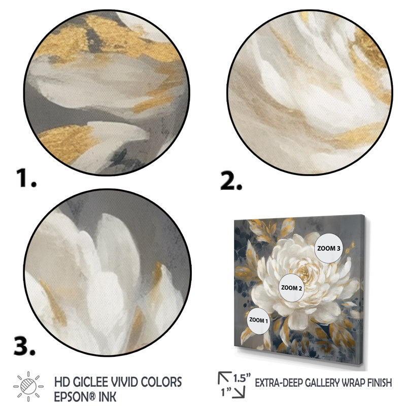 Émotion de pivoines dorées blanches II - pivoines, art mural, H 36 po x l 36 po x P 1,5 po, Cadre flottant noir