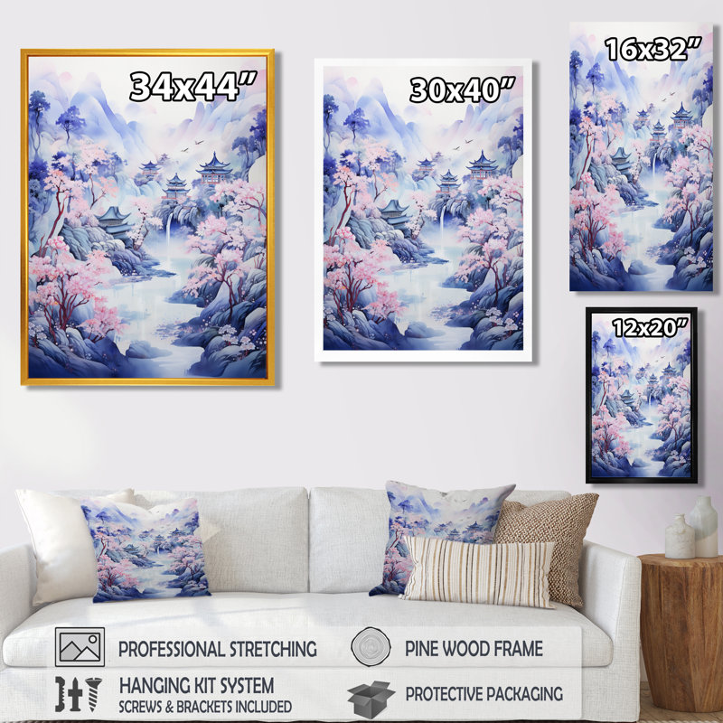 Salon d'art mural chinois, rivière de montagne II - Lake House, Toile avec cadre flottant or, H 44 po x l 34 po x P 1,5 po