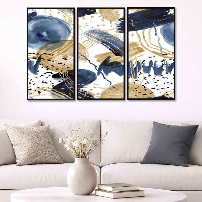 Motif abstrait avec textures bleu foncé et or - ensemble d'art moderne sur toile encadrée moderne de 3, H 20 po x l 36 po
