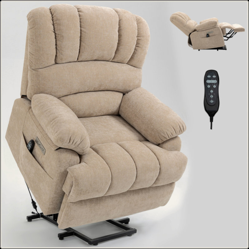 23" Seat Width And High Back Large Size Beige Chenille Power Lift Recliner Chair With 8-Point Vibration Massage And Lumbar Heating