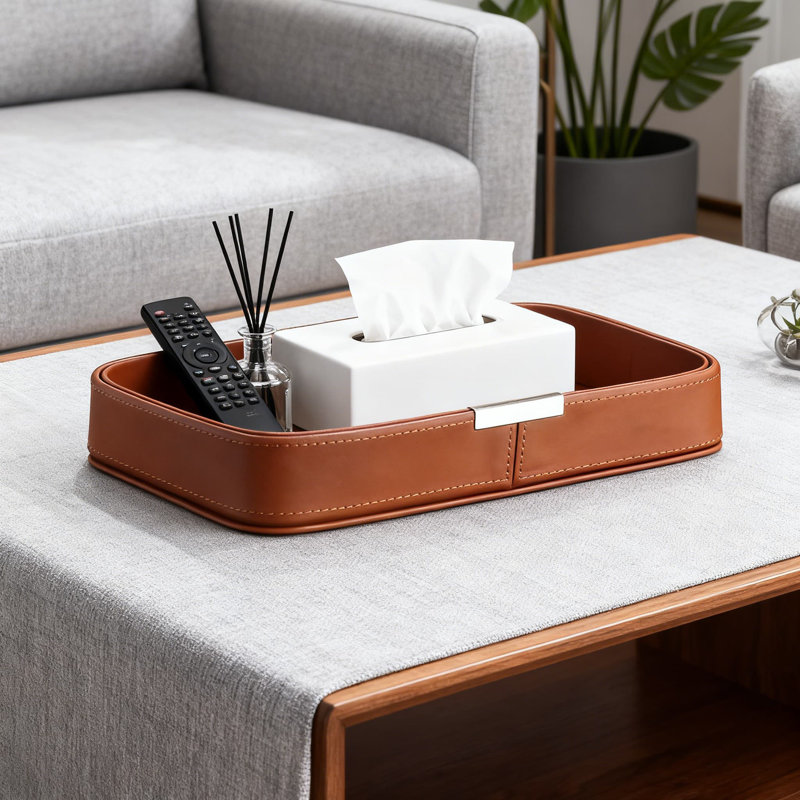 Handcrafted Leather Tray For Home Decor, Modern Rectangle Storage Organizer For Coffee Table And Desktop, Rectangle