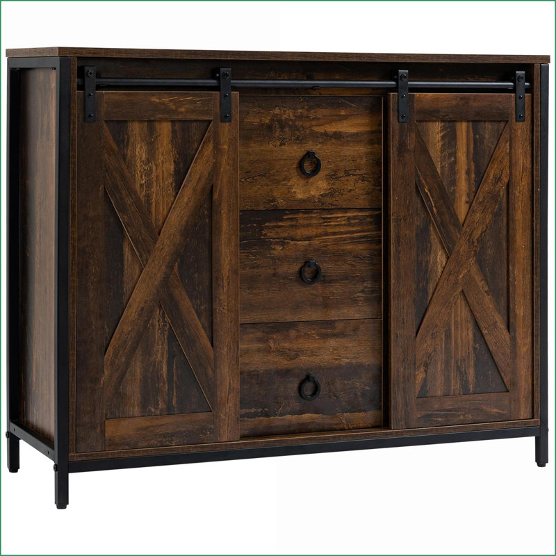Sideboard, Industrial Farmhouse Buffet with Sliding Barn Doors, 3 Drawers &amp; Adjustable Shelves, Rustic Brown | Particle Board Panels | Steel Frame