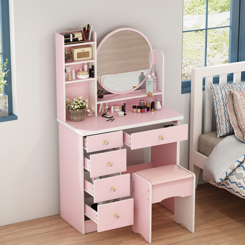 Litzy 53.1'' Vanity with Stool and Mirror, Pink