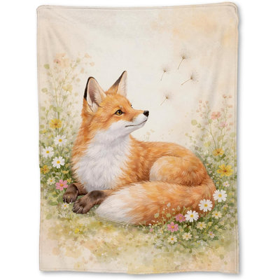 Cute Fox Blanket Gifts, Watercolor Fox Lying in Wildflower Flannel Throw Blanket for Couch, Bed, Travel & Home Decor, Cozy Lightweight Warm Woodland Animal Blankets for Women 40×50 in