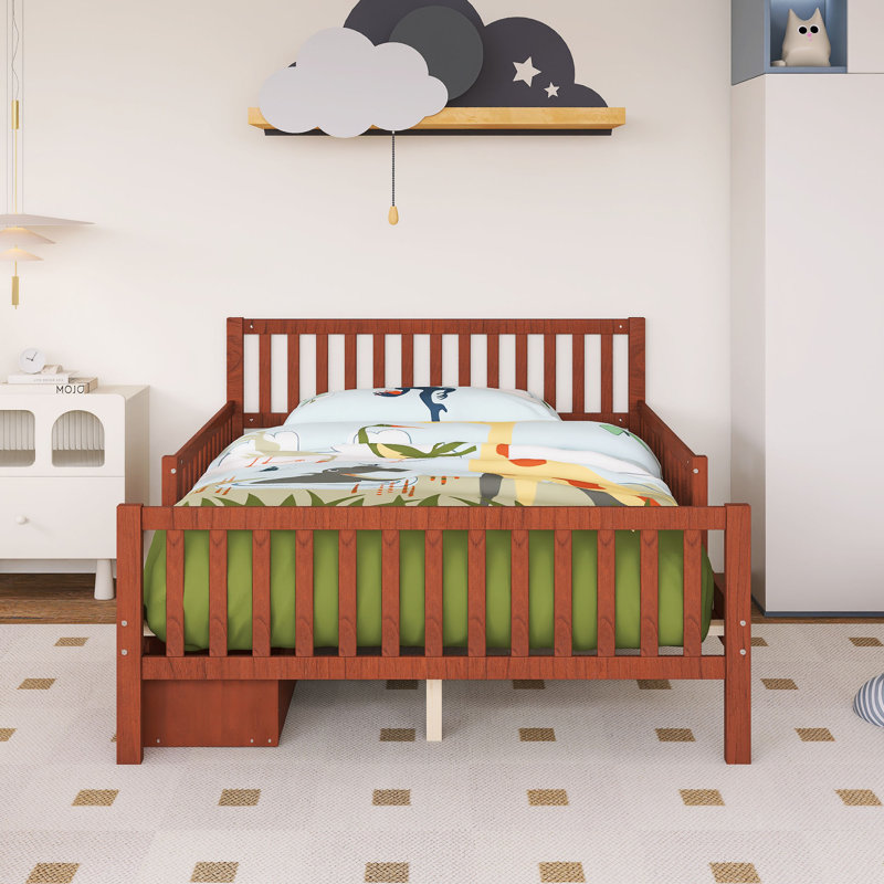 Lit plateforme double en bois avec garde-corps et deux tiroirs de rangement, Lit double, Noyer