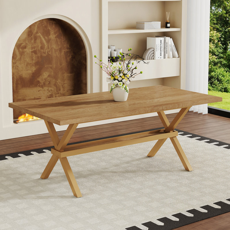 71 * 35.4 inch walnut MDF splicing desktop with X-shaped metal frame dining table. Modern industrial style multifunctional dining table for household dining, suitable for 6-8 people.
