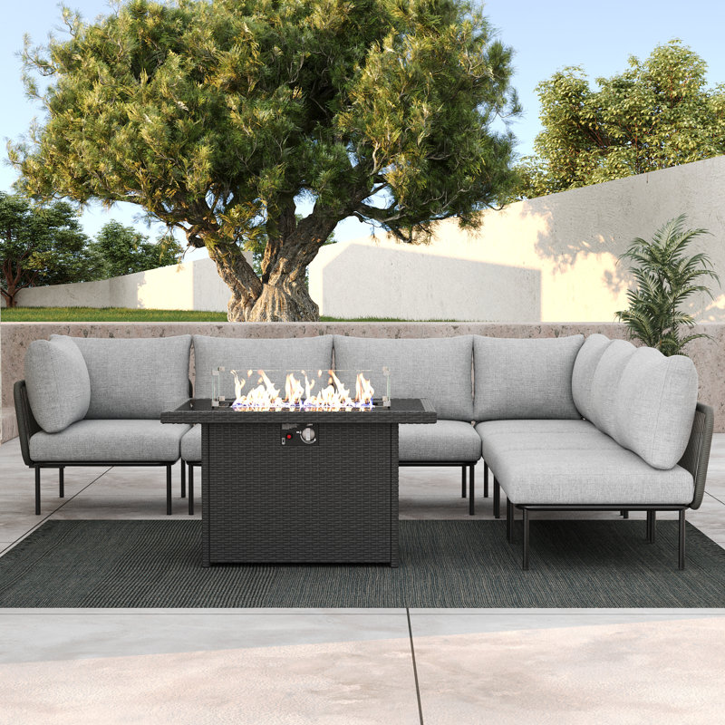 Layinsun Outdoor Patio Woven Rope Wicker Modular 7 Pieces Sectional Set With Fire Pit Table And Cushions, Light Gray