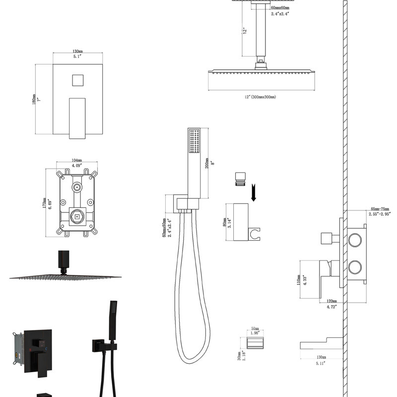 Oil Rubber Bronze Shower Gathering - 12" Ceiling Mount Waterfall Tub Spout 3 Function Rainfall & Handheld Showers -Balanced Valve Simple Installation Cleanliness Guarantee System With Feature 12 Inch