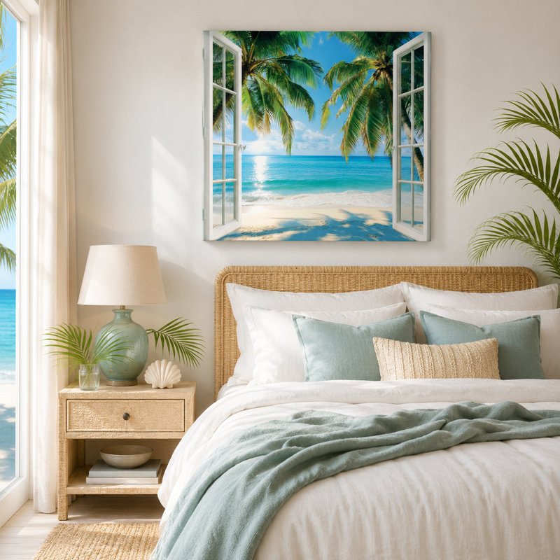 «Blue Paradise with Sun-Kissed Palms», art mural sur toile, H 30 po x l 30 po