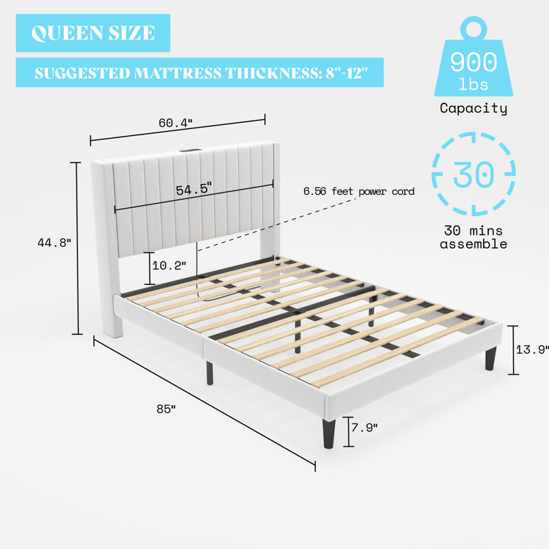 Alti 44.8'' Velvet Upholstered Tufted Bed with Charging Station, Queen, White