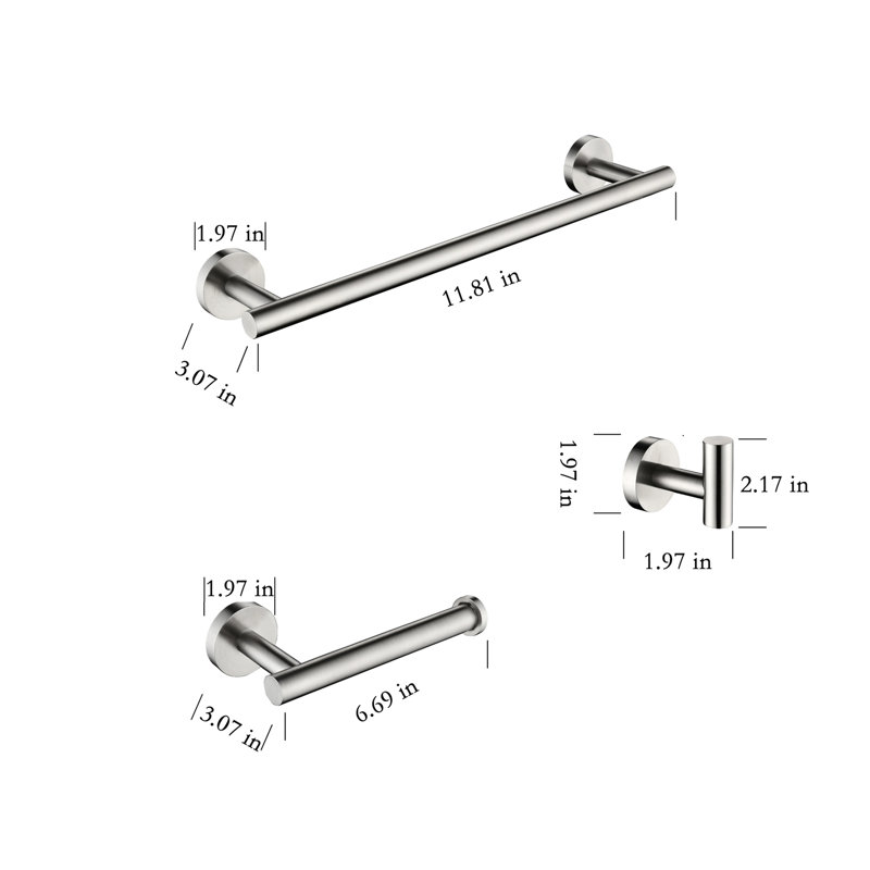 3 Sus304 Stainless Steel Bathroom , Brushed Nickel, Bath Shower Components (Robe Hook, Toilet Paper Holder, Towel Bar Stable Fixtures