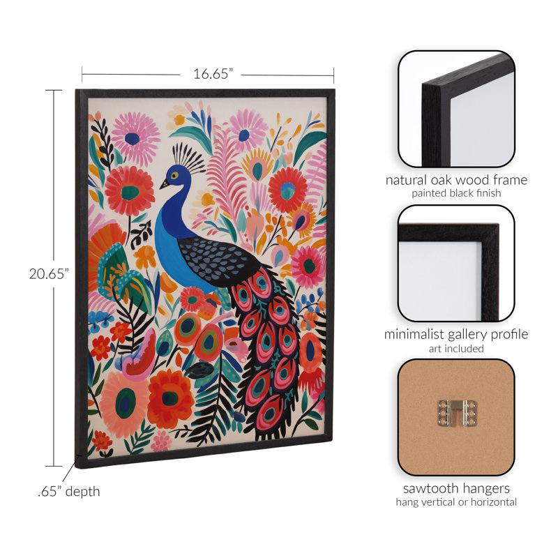 Art moderne paon vibrant moderne, H 16,65 po x l 20,65 po, Cadre noir