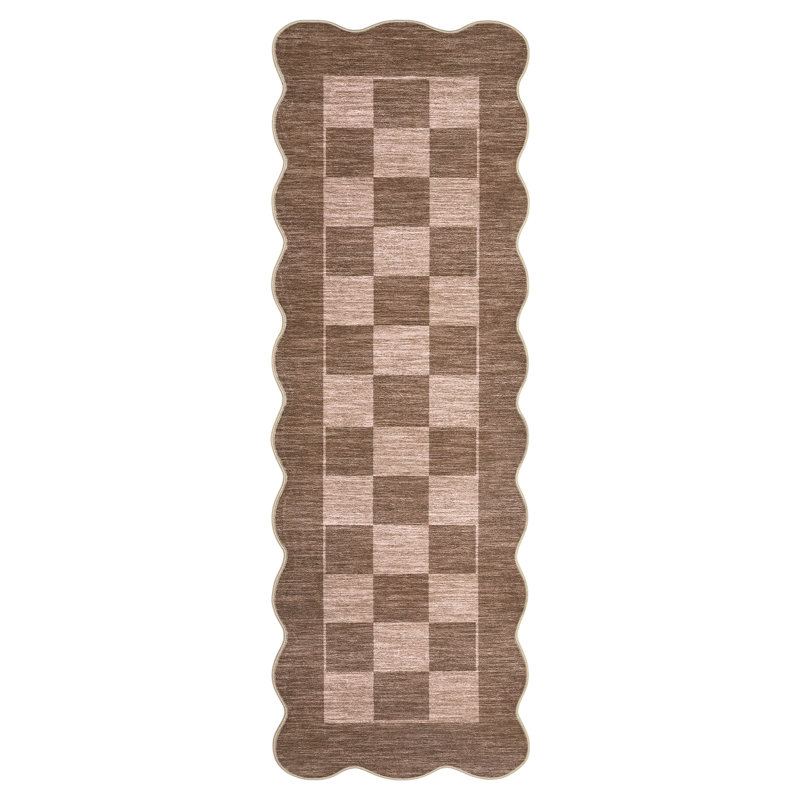 Washable Scalloped Rug Modern Checkerboard Rug Non Slip, Soft Non Shedding Thin Carpet, Indoor Low Pile Foldable Carpet, Contemporary Printed Mat for Living Room Bedroom