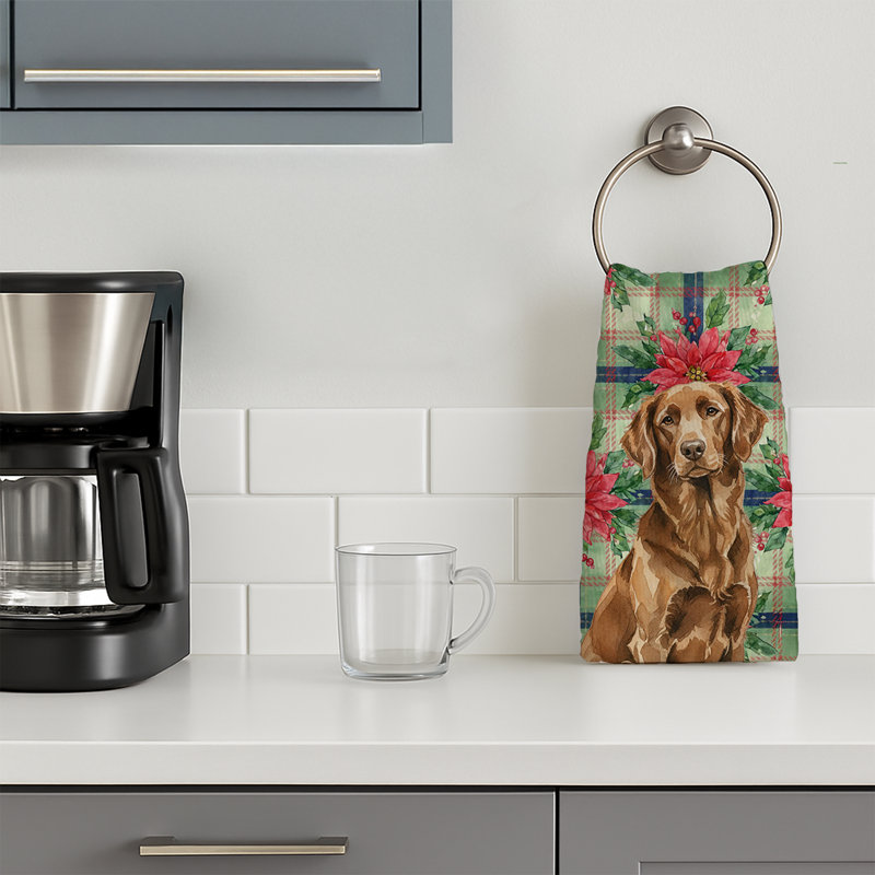 Liver Flat-Coated Retriever Christmas PoinsettIas Kitchen Towel, Liver Flat-Coated Retriever