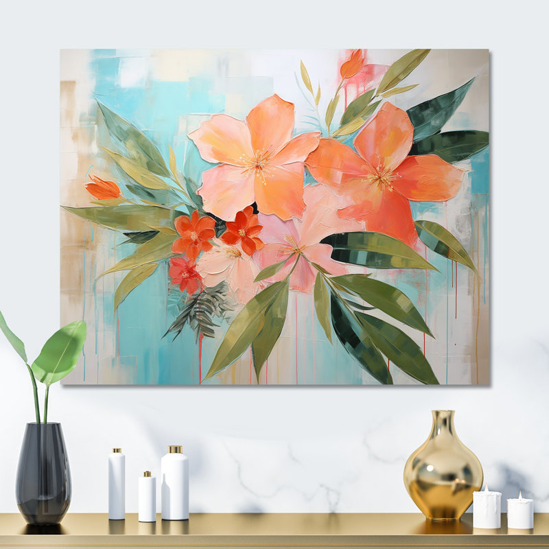 Art moderne moderne rose et vert fleurs tropicales - Collages abstraits en métal, H 24 po x l 32 po x P 1 po