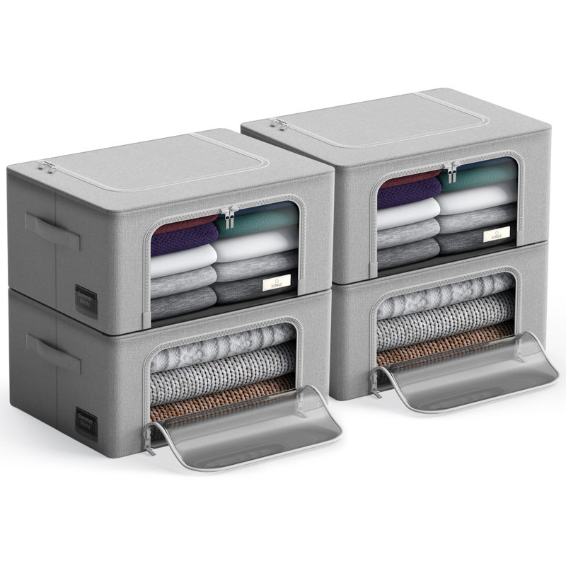 Small Storage Box Foldable with Window & Handles 4 Pack, Gray