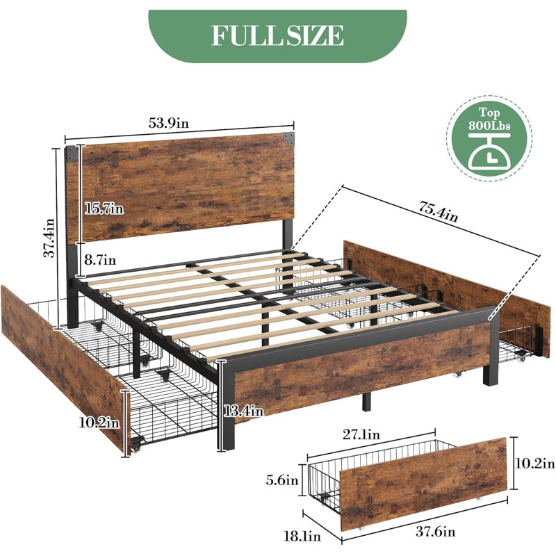 Structure de lit plateforme en métal avec tête de lit en bois, matelas industriel avec 4 tiroirs de rangement, aucun sommier tapissier requis