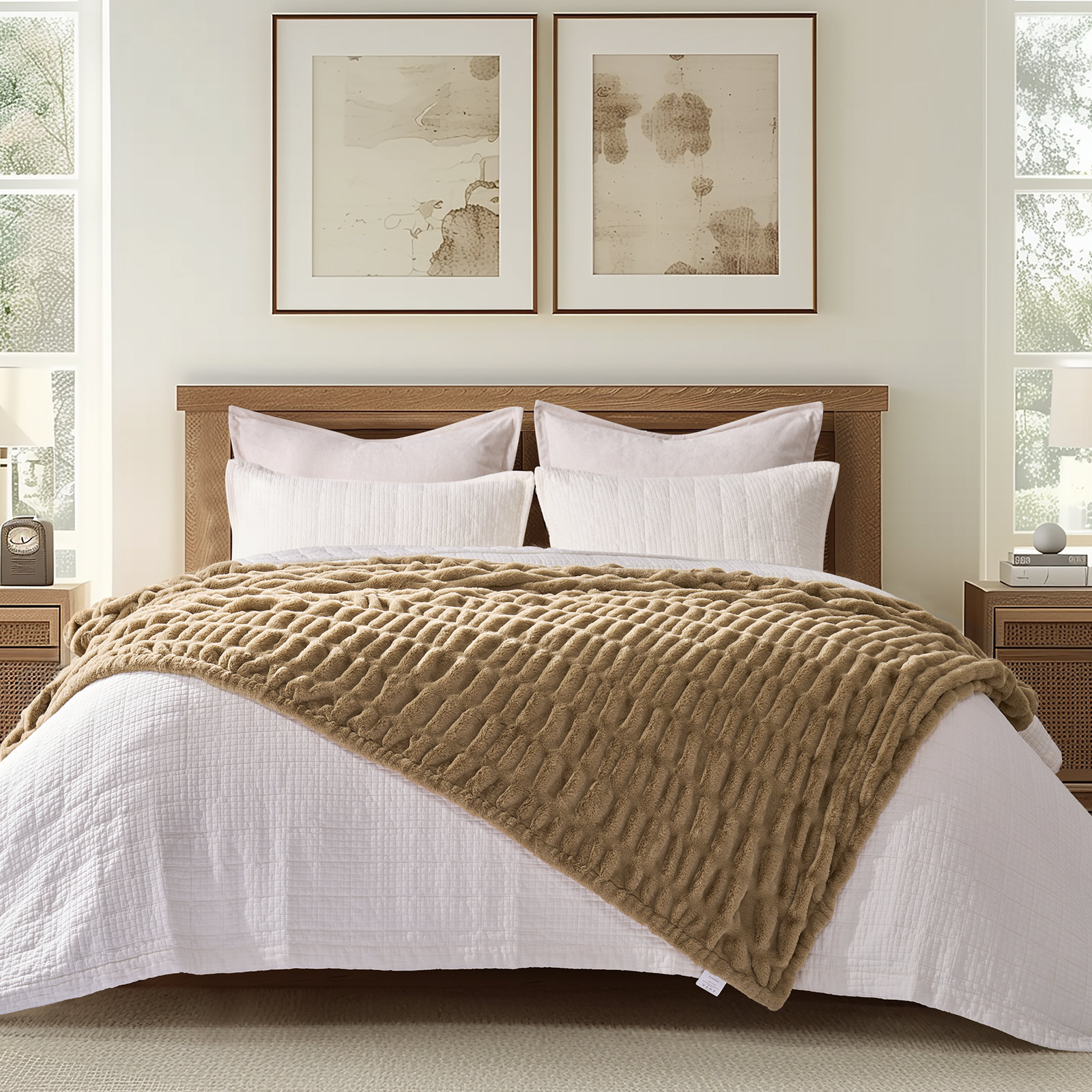 Ruched Bubble Faux Fur Throw Blanket, Camel, 50" W x 60" L
