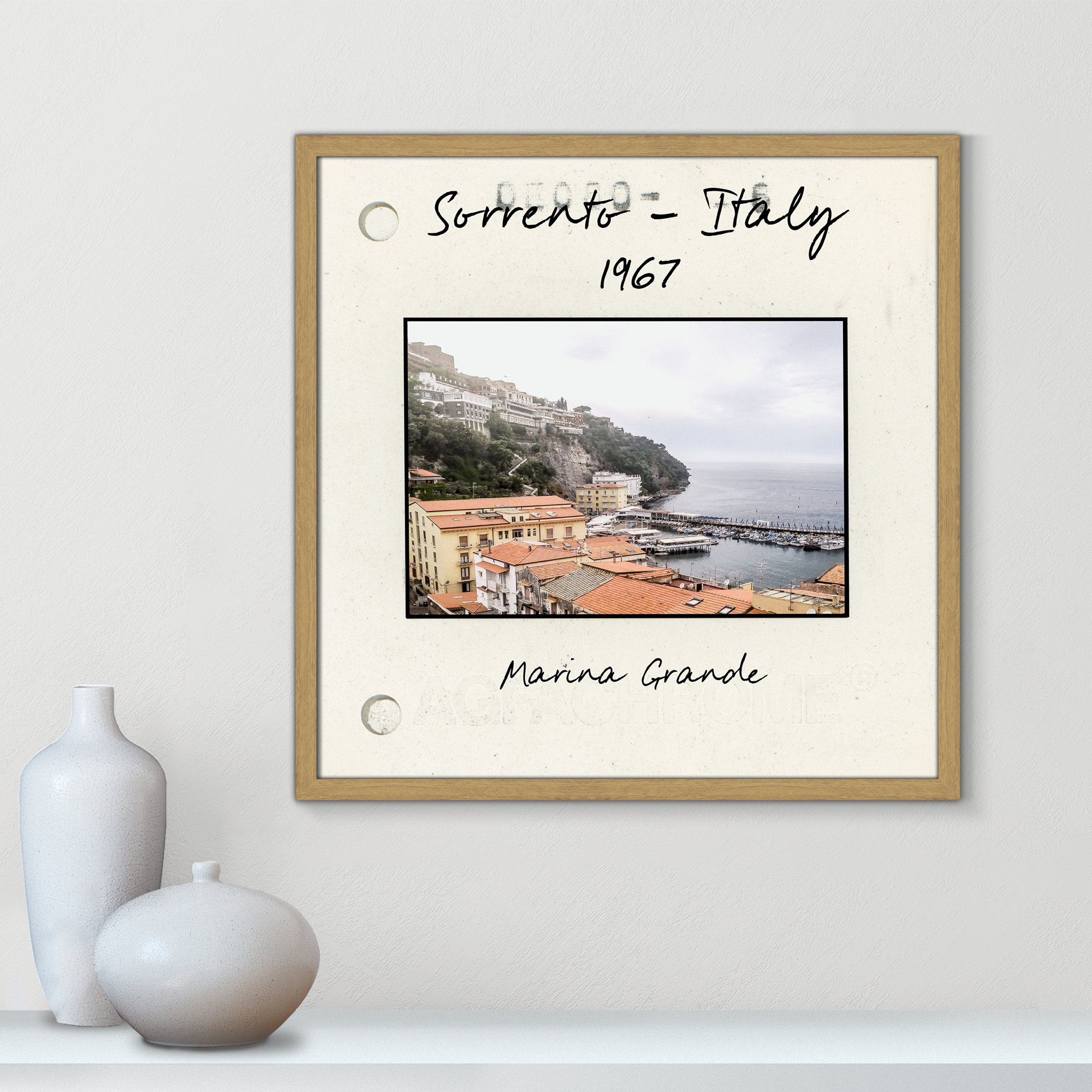Sorrento Italy - Marina Grande Print by Susan Jill, 23.5" H x 23.5" W x 0.75" D, Natural Single Picture Framed Paper