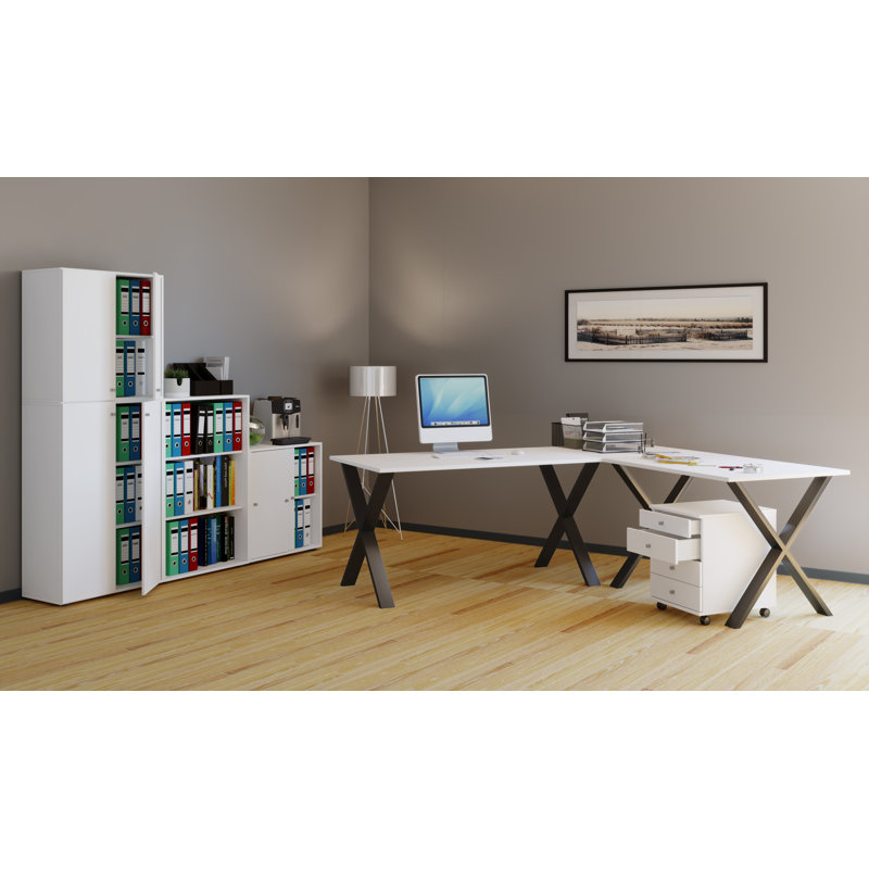 Avey L-Shaped Writing Desk, White/Black, 76cm H x 190cm W x 50cm D