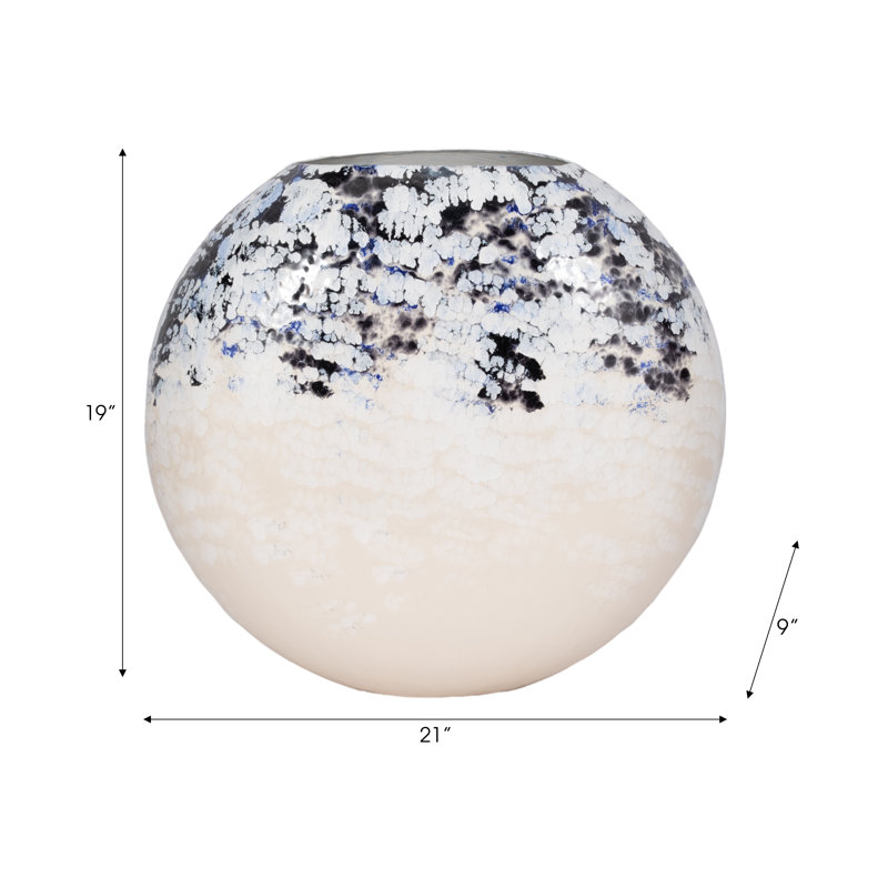 Modern Round Decorative Metal Iron Vase with Artistic Multi-Toned Detailing and Unique Sculptural Contemporary Design for Statement Accent Display in Living Room Entryway or Office Shelf Decor