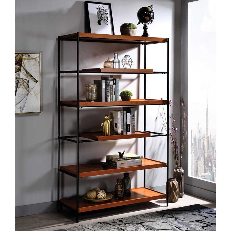 Bibliothèque spacieuse à 6 tablettes en chêne miel et noir pour bibliothèque de pièce d'étude - Home Decor Essential