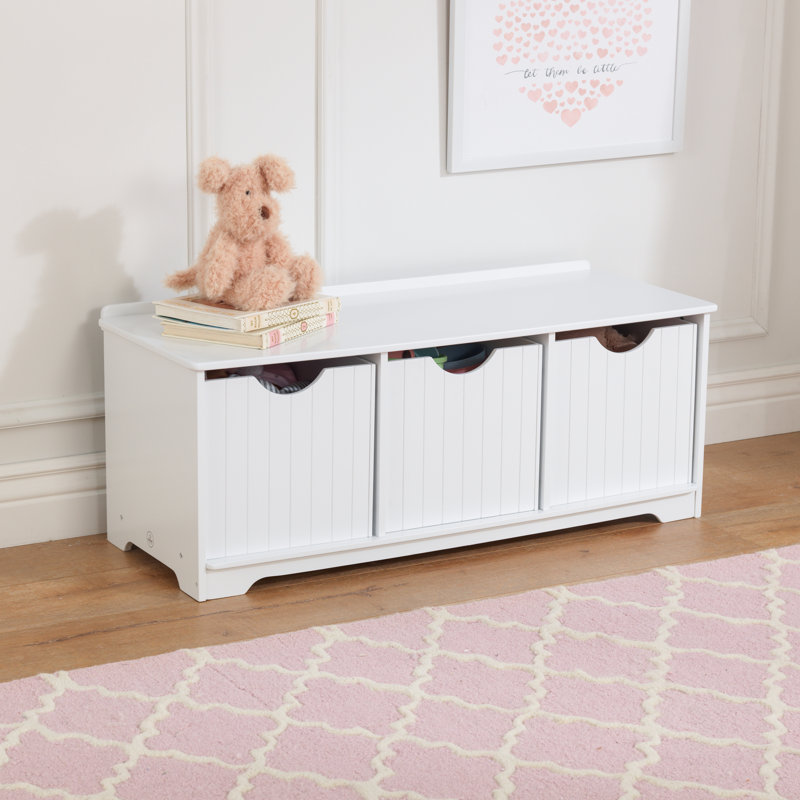 Banc de rangement en bois Nantucket avec trois bacs, Blanc