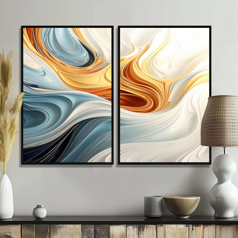 Vague rétro bleue et orange élégance II - art mural moderne, Black, 36" H x 48" W, Impression encadrée flottante