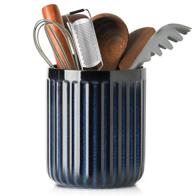Porte-ustensiles en céramique, pot à ustensiles nervuré 7,3 po x 6,2 po pour décor de ferme, porte-ustensiles de cuisine en porcelaine, bleu marine