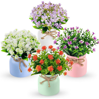 4 Pack Fake Flowers Small Artificial Faux Plants Indoor Summer Spring Decor for Centerpiece Table Decorations Home Office Desk Wedding Apartment Decor