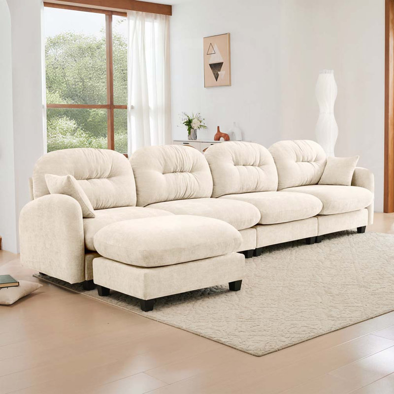 Canapé modulaire en chenille 4 places avec 2 coussins et repose-pieds, Beige