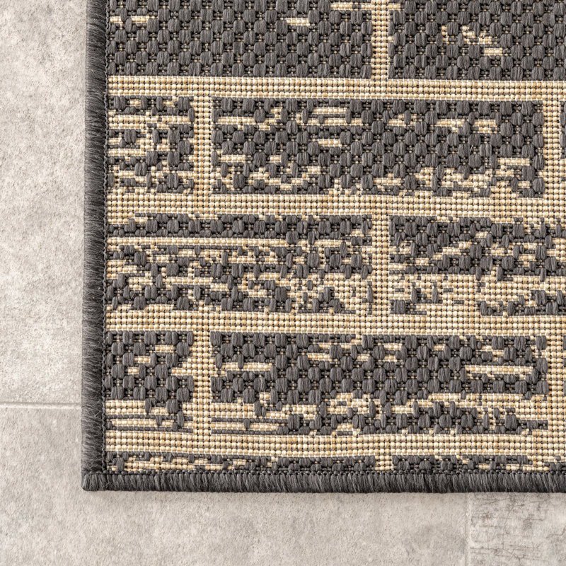 Calyb Geometric Charcoal/Beige Indoor / Outdoor Area Rug, Rectangle 5' x 8'