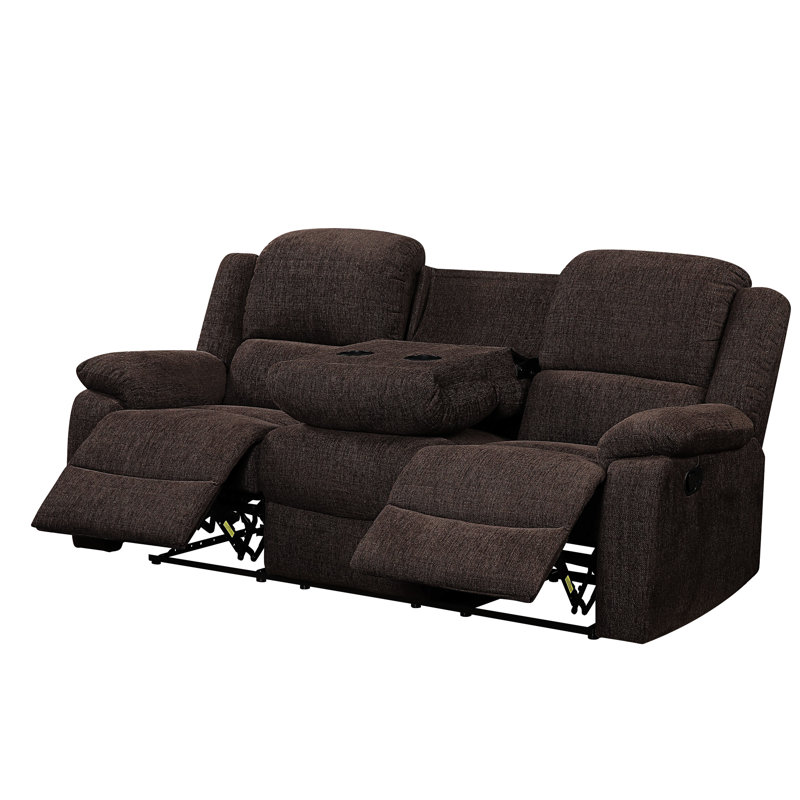 Chenille brune pour 3 personnes avec mécanisme d'inclinaison à mouvement, console avec porte-gobelet et siège rabattable, table de rangement, siège à ressorts ensachés et accoudoirs à ressort, loquet extérieur