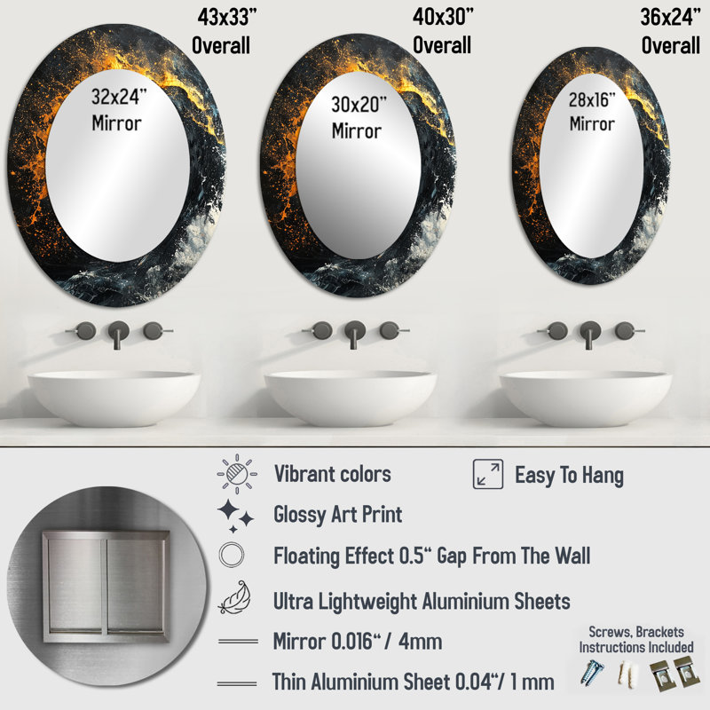 Décoration murale jaune et noire Aurora Fractal Edge I - miroir ovale noir, 40 po x 30 po