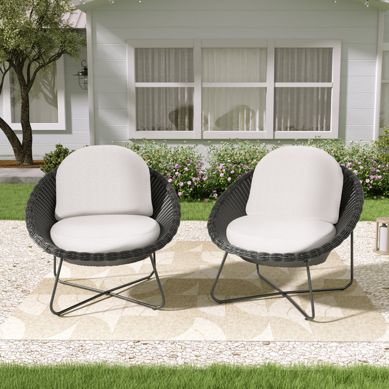 Kayla Metal & Wicker Patio Lounge Chairs with Cushions (set of 2), Black