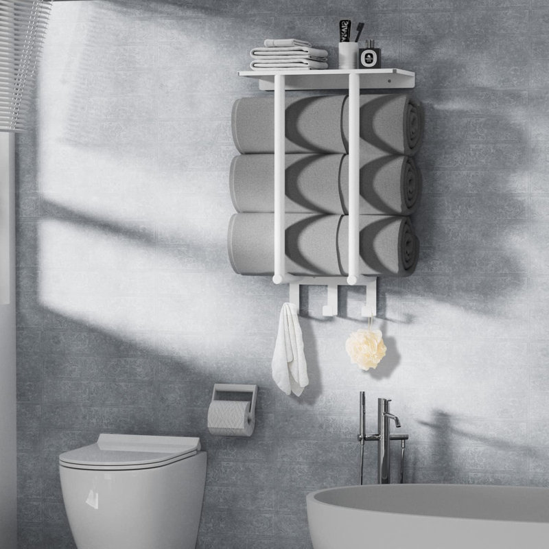 Porte-serviettes mural robuste avec tablette et 3 crochets - Organisateur de salle de bain peu encombrant pour grandes serviettes et accessoires de bain