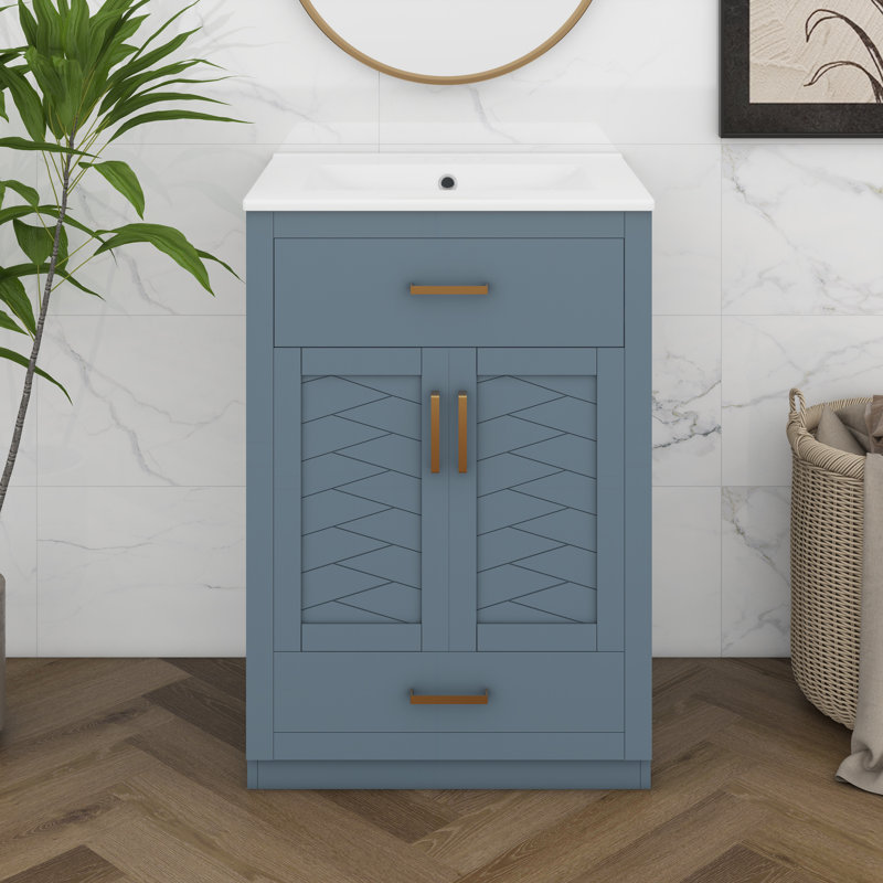 Meuble-lavabo 24 po avec lavabo en céramique, meuble-lavabo autoportant avec 2 portes et 1 tiroir basculant, tiroir inférieur