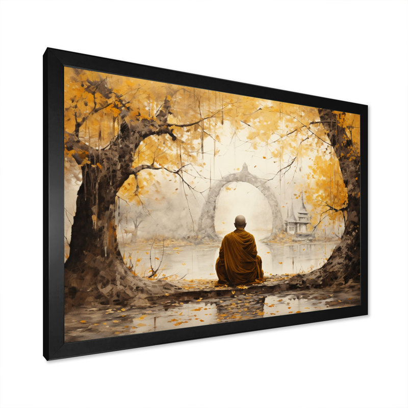 «Bouddha gris et jaune, chemin éclairé I», reproduction sur toile, Cadre photo noir, H 24 po x l 32 po x P 1 po