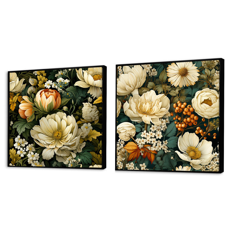 Monette - Ensemble de 2 collages floraux carrés, Cadre flottant noir, H 16 po x l 33 po
