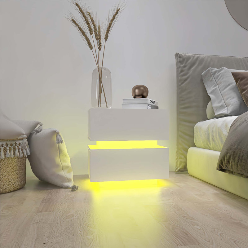 Table de chevet 2 tiroirs très brillante avec table de chevet à lumière RVB avec contrôle Bluetooth