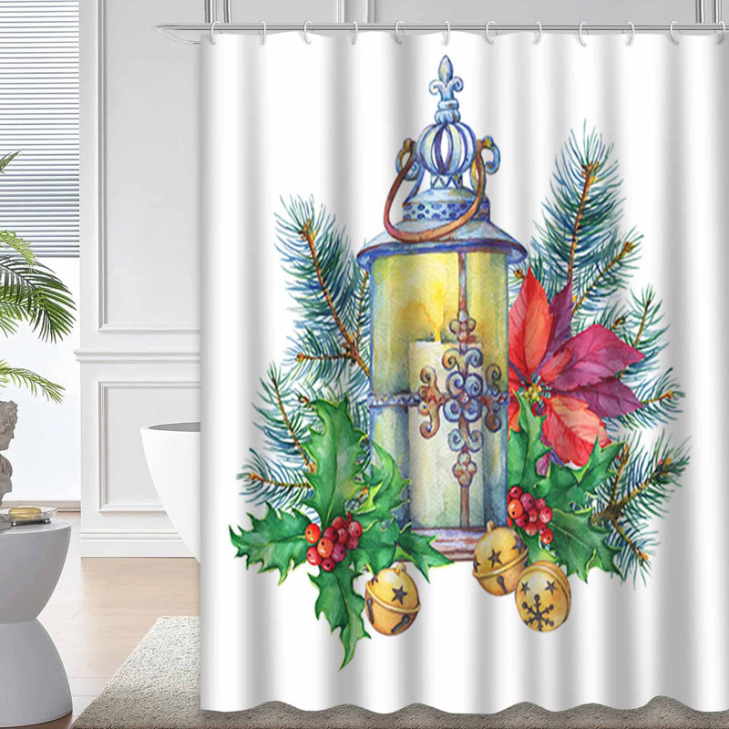 Bannière, arbre de Noël, houx, lanterne poinsettia, aquarelle avec 12 crochets, L 72 po x l 84 po