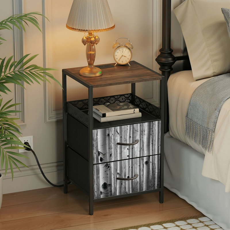 Table de chevet 2 tiroirs avec station de charge, table de chevet pour chambre à coucher avec ports USB, tablette ouverte noire, table de chevet avec trembles blancs noirs
