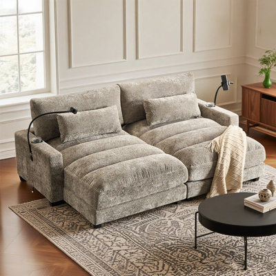 Oversized Double Chaise Lounge Sofa With Chenille Tufted Design, Cup Holders, Usb Ports & Sleeper Function