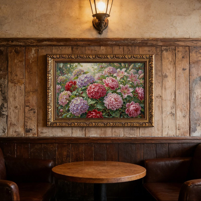 Cadre mural vintage orné d'hortensias et de pivoines – Cadre décoratif doré pour œuvres d'art., L 20 po x l 30 po