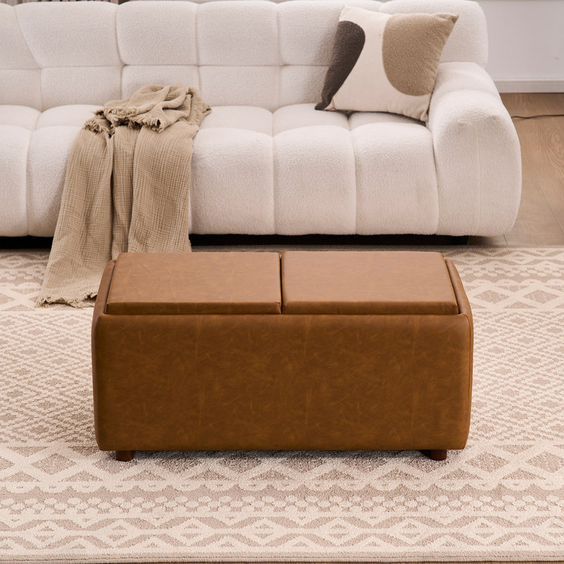 Repose-pieds rectangulaire avec rangement de 35 po avec plateau, table basse avec rangement, grand tabouret rembourré avec plateau amovible pour le salon