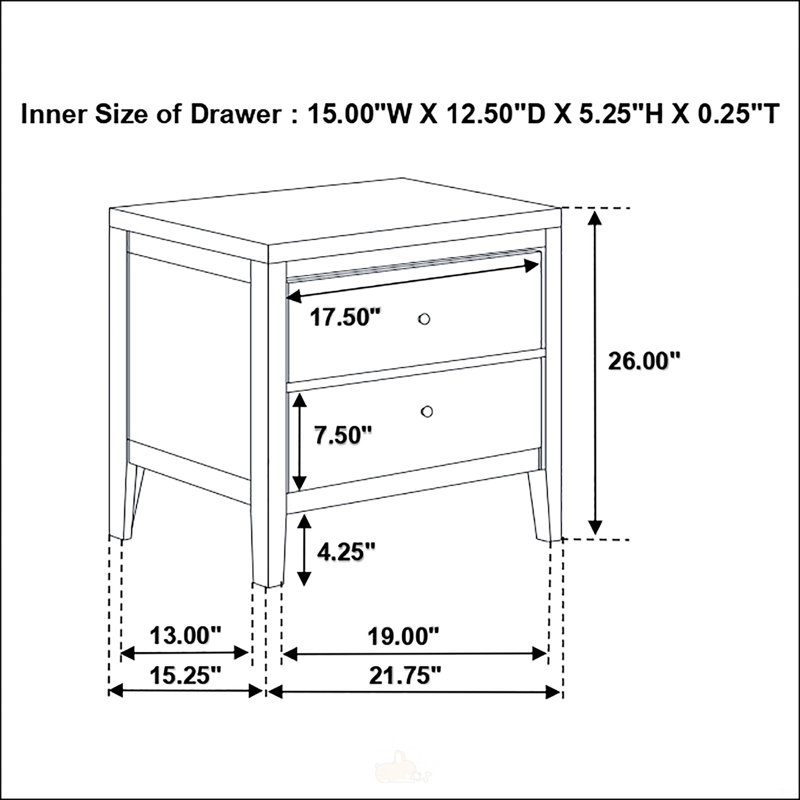 Table de chevet rectangulaire à 2 tiroirs avec beaucoup de rangement et cadre en bois durable Garrett Cappuccino pour chambres élégantes
