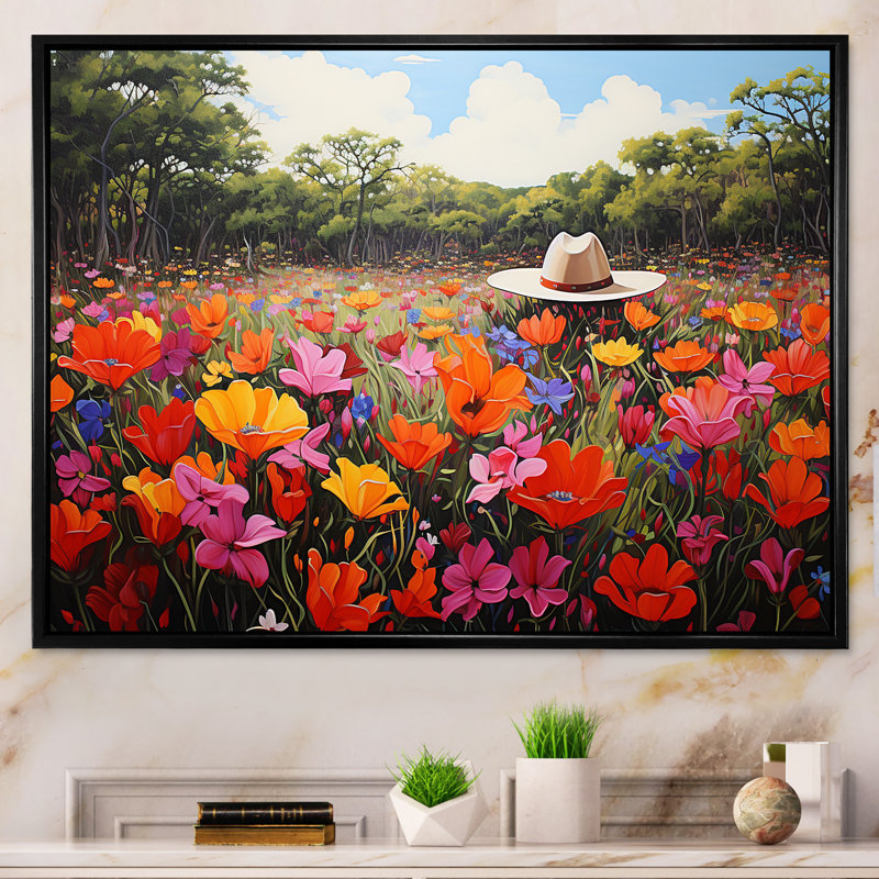 Cowboy Hat Flower Blooms - Cowboys, art mural, Cadre flottant noir, H 34 po x l 44 po x P 1,5 po